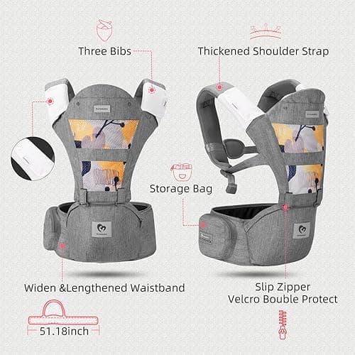 Baby Carrier, Bellababy Multifunction Baby Carrier Hip Seat (Ergonomic M Position) for 3-36 Month Baby, 6-in-1 Ways to Carry, All Seasons, Adjustable Size, Perfect for Shopping Travelling, Grey thumbnail 2