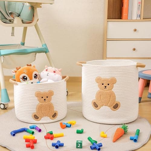 Large Blanket Baskets for Living Room, Teddy Bear Baskets Toy Storage Basket, 14" x 14" Woven Cotton Rope Basket for Kids, Toys Organizer Clothes Hamper with Embroidery, Teddy Bear Nursery Decor thumbnail 2