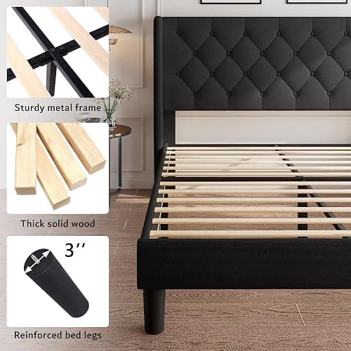 iPormis Full Size Platform Bed Frame with Button Tufted Headboard, Upholstered Bed Frame with Solid Wooden Slats, 8" Underbed Space, No Box Spring Needed, Noise Free, Easy Assembly, Black thumbnail 5