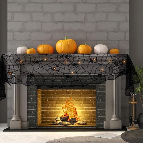 FUN LITTLE TOYS Halloween Decorations Indoor - Mantel with String Lights Lace Spiderweb Decor Inside for Home Party Supplies (18 x 96 inch) thumbnail 5