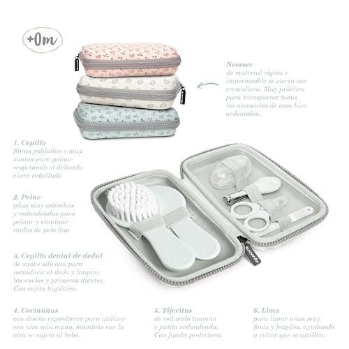 Suavinex, Neceser Set Manicura para Bebés, +0M, Kit Cuidado del Bebé con Cepillo, Peine, Cepillo Dental, Tijeritas, Lima y Cortaúñas. Neceser Impermeable con Cremallera, Gris thumbnail 5