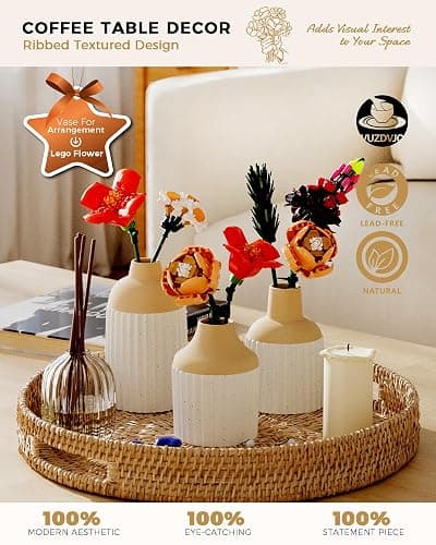 Beige Decorative Vase Set of 3 - Modern Boho Style Ribbed Ceramic Bud Vases for Flowers, Mini Small Vases for Shelf, Shelves, Bookshelf, Entryway Table & Home Decor Aesthetic (Beige White) thumbnail 2
