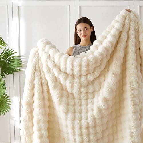COOVA Faux Fur Throw Blanket for Couch, Cozy Soft and Fuzzy Plush Rabbit Fur Bubble Blanket for Sofa Bedroom Living Room, 50x60 Inches Ivory White thumbnail 3