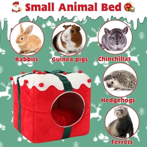 YUEPET Christmas Rabbit Bed Warm Bunny Hideout House, Cozy Washable Small Animal Hideout for Rabbit Bunny Guinea Pig Ferret Chinchilla 11.8"×11.8"×11.8" thumbnail 3