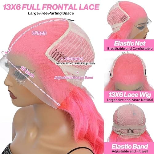GHYK Pink 13x6 Lace Front Wigs Human Hair 200 Density HD Wear and Go Glueless Body Wave Lace Front Wigs Human Hair Pre Plucked Pre Cut Frontal Body Wave Wig for Women 30 Inch thumbnail 6