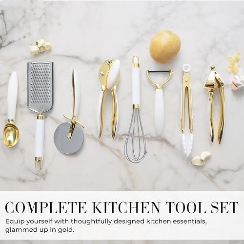 White & Gold Cooking Utensils Set - Luxe 8-Piece Kitchen Gadget Set Includes Can Opener, Tongs and Garlic Press - Stylish White and Gold Kitchen Accessories for Modern Kitchens, Ideal for Gifting - 8 Piece White & Gold thumbnail 4