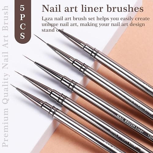 Laza Nail Art Brushes, 5pcs Nail Art Liner Brushes for UV Gel Polish, Painting Art Design Brush for Long Lines, Thin Details, Fine Drawing Sizes 6/9/12/15/18mm for Manicure DIY Nail Design thumbnail 2