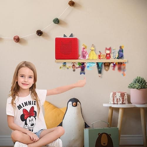 PHOENANCEE for Tonies Shelf Magnetic,for Tonie Figures Wall Shelves,for Toniebox Shelf Audio Toy Figurine Holder Organizer (Storage 36 Character),Compatible Charging Station for Kid's Room,Oak,1 Tier thumbnail 2