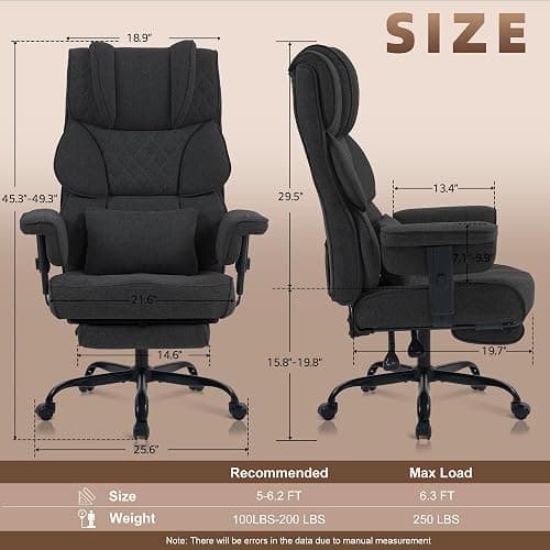 Vonesse Big and Tall Office Chair, Computer Chair with Soft Adjustable Armrests, Ergonomic Gaming Chair with Breathable Linen Design, Executive Chairs with Footrest (Linen Fabric,Black) thumbnail 2