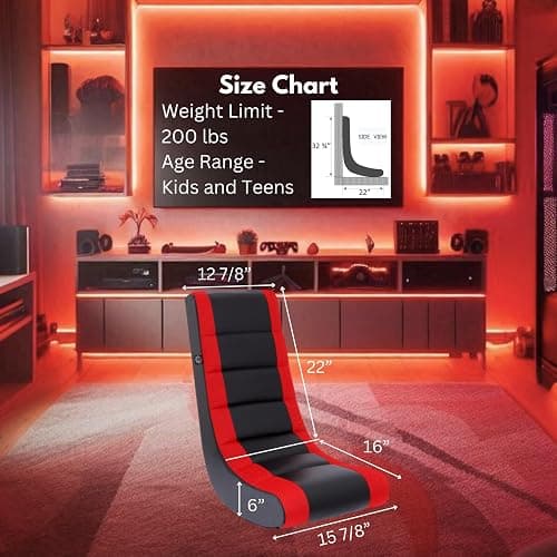 The Crew Furniture Classic Video Rocker Floor Gaming Chair, for Kids and Teens, PU Faux Leather & Polyester Mesh, Black/Red thumbnail 3