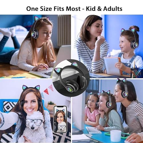 TCJJ Bluetooth 6.0 Cat Ear Kids Headphones for Girls, LED Light Up, 85dB Safe Volume Limit, Stereo Sound Toddler Foldable Wireless & 3.5mm Wired Headset with Mic for School, Tablet, Travel thumbnail 2