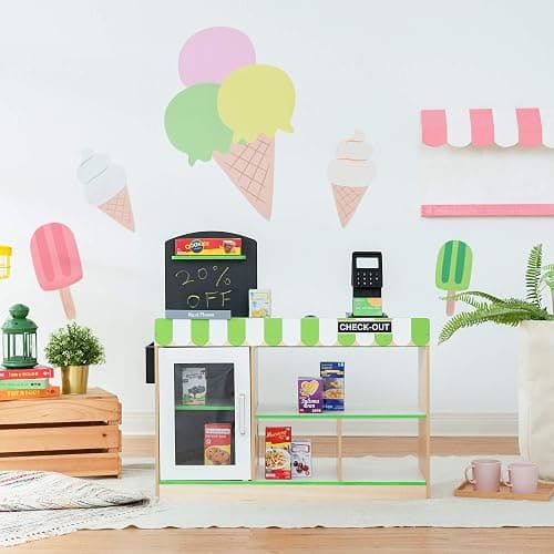 Teamson Kids Cashier Austin Interactive Wooden Play Market Stand with Lights and Sounds, Manual Conveyor Belt, Register and Display Spaces, Green and White Décor on Natural Wood | Manual Conveyor Belt, Scanner, Display Shelves, Green and Natural, Educational Toys for Toddlers Ages +3 thumbnail 2