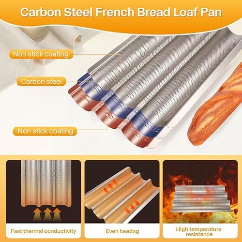 Barlket Baguette Bread Pan, Perforated French Bread Pan, Nonstick Bread Pans for Baking, with Baguette Kit – Includes Proofing Cloth & Dough Cutter, 15x11 Inch Gold, 3 Loaf thumbnail 6