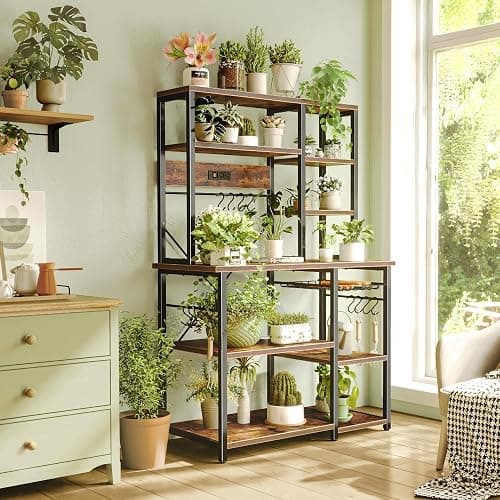SUPERJARE Large Bakers Rack with Power Outlets, 6-Tier Microwave Stand, Coffee Bar with 12 S-Shaped Hooks, Kitchen Shelf with Wire Basket, 39.4 x 14.6 x 66.9 Inches, Rustic Brown thumbnail 8