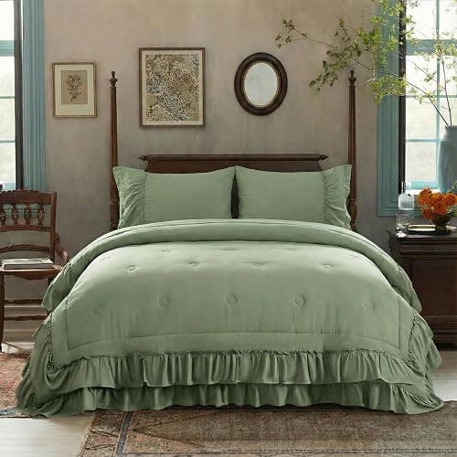 Bedding_Dreamer Sage Green King Size Comforter Set, 3-Piece Shabby Chic Ruffle Bedding, Soft Microfiber Boho Farmhouse Comforter for All Seasons - Image 1