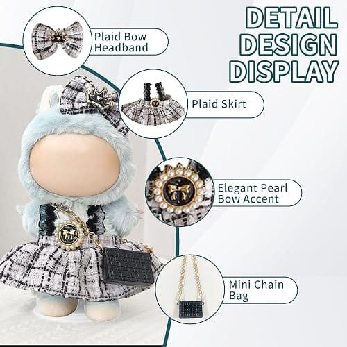 Clothes for Labubu – Lovely Doll Dress with Bow Headband & Mini Chain Bag, Fashion Accessories for Doll Outfit (Chic Black) thumbnail 3