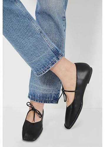 XBKXMK Lace Up Ballet Flats for Women Bow Square Toe Mary Jane Flats Slip On Leather Ballerina Shoes thumbnail 3