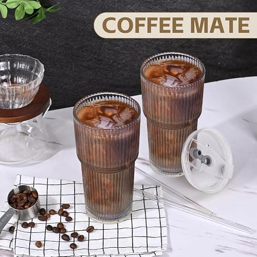 AFINSEA 20OZ Glass Tumbler with Straw and Lid,Glass Cups with Lids and Straws,Ribbed Iced Coffee Cups Vintage Glassware for Juice Whiskey Cocktail Beer thumbnail 7