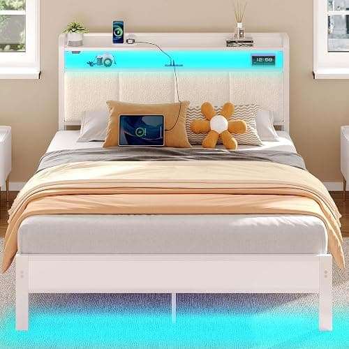 Rolanstar Bed Frame Full Size with Charging Station and LED Lights, Upholstered Headboard with Storage Shelves, Heavy Duty Metal Slats, No Box Spring Need, Noise Free, Easy Assembly, White - Image 1