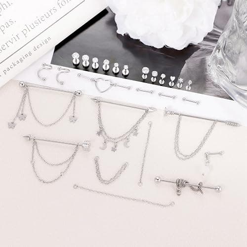 REVOLIA Surgical Steel Industrial Barbell Earrings with Chain for Women Dangle Cartilage Earring Studs Cartilage Helix Tragus Daith Industrial Piercing Jewelry Set thumbnail 2