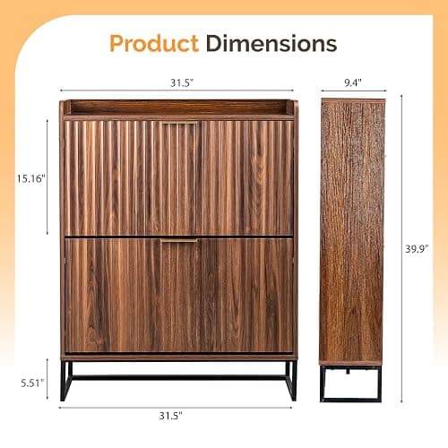 VINGLI Fluted Shoe Cabinet Storage for Entryway,Hidden Shoes Storage Cabinet with 2 Flip Drawers, Mid Century Modern Shoe Rack Organizer,Free Standing Shoes Organizer for Hallway(Dark Walnut) thumbnail 2