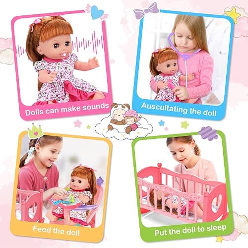 Baby Doll Toys Set, 14" Doll Toys, 25Pcs Dolls Care Toy Playset, Toddlers Toy Doll Set Incl Cradle Crib, High Chair, Milk Bottle, Pacifier, Diaper, Baby Gift for Age 3 4 5 6+ Years Old Girls Boys thumbnail 4