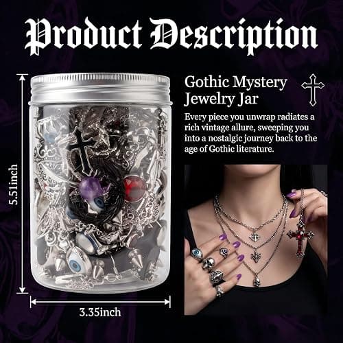 Ggnepiuhzy Mystery Jewelry Jar - 40 Pcs Gothic Jewelry Surprise Box for Women, Dark Romantic Necklaces Earrings Rings Bracelets Set, Unique Gift for Her, Alternative Vintage Style thumbnail 2