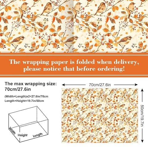 8 Sheets Fall Watercolor Wrapping Paper -Not Roll- Pumpkin Leaves Flower Bird Gift Wrap Paper Folded Flat for Autumn Thanksgiving Party DIY Crafts, 19.7 x 27.6 Inch thumbnail 2