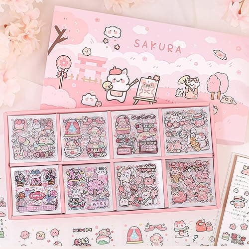 Doraking Kawaii Cute Animal Stickers for Journaling Scrapbooking, Vinyl Transparent Flower Stickers for Water Bottle Laptop, 200 Sheets Aesthetic Sticker Boxed Gifts for Teens Adults - Image 1