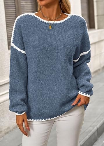 KIRUNDO Womens Sweaters 2025 Fall Oversized Long Sleeve Chunky Knit Crew Neck Contrast Stitching Pullover Winter Clothes thumbnail 3