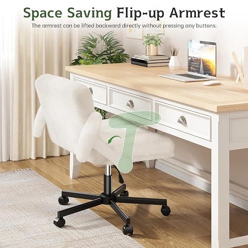 DurayLoly Criss Cross Chair with Wheels, Criss Cross Office Chair with Flip-up Armrests, Vanity Chair for Bedroom, Home Office, Apartment, Plush Fabric, White thumbnail 6