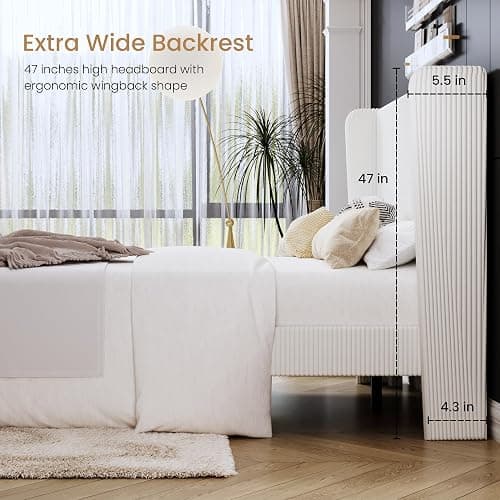 SHA CERLIN Full Size Corduroy Upholstered Platform Bed Frame with Vertical Channel Tufted Wingback Headboard, 8" Under Bed Storage, Wooden Slats & Metal Frame Support, Easy Assembly, White thumbnail 5