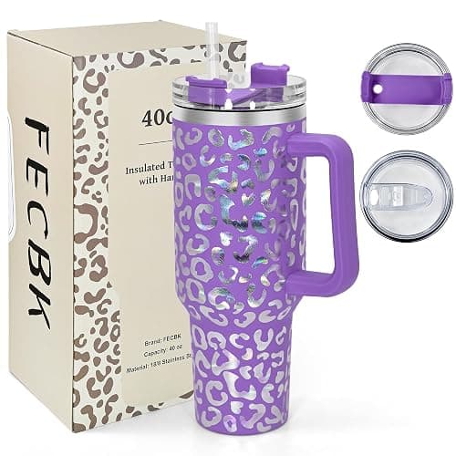 FECBK 40 oz Tumbler with Handle and Straw, 100% Leak-Proof Travel Mug, Stainless Steel Double Wall Vacuum Insulated Coffee Cup Keeps Cold For 34 Hours, Dishwasher Safe, Purple Leopard - Image 1
