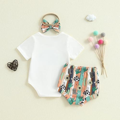 KMBANGI Western Cowgirl Baby Summer Outfits Newborn Girl Short Sleeve Letters Print T-Shirt Romper Bib Shorts Headband 0-18M thumbnail 4