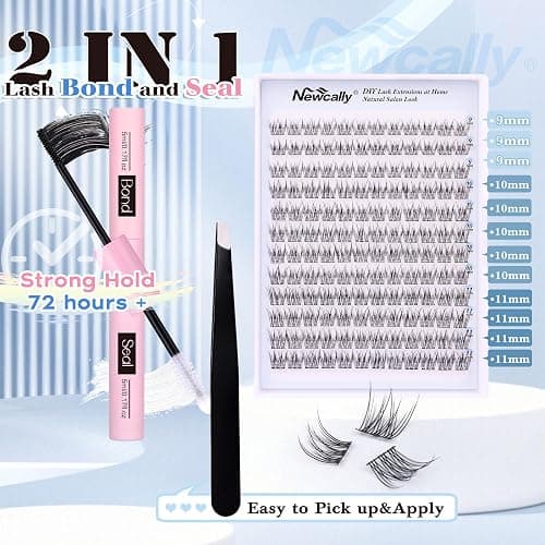 Natural Lash Clusters Kit DIY Eyelash Extension Kit Wispy Eyelash Clusters Individual Lashes Extension Kit CC Curl 9-11MM Lash Bond and Seal Tweezers for Beginner by Newcally thumbnail 2