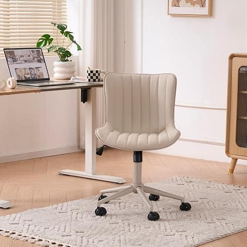 YOUNIKE Cream Home Office Desk Chair with Wheels Armless Compact Comfy Vanity Chair with Adjustable Back Modern Small Leather Upholstered Rolling Swivel Cute Computer Task Sewing Chair No Arms thumbnail 9