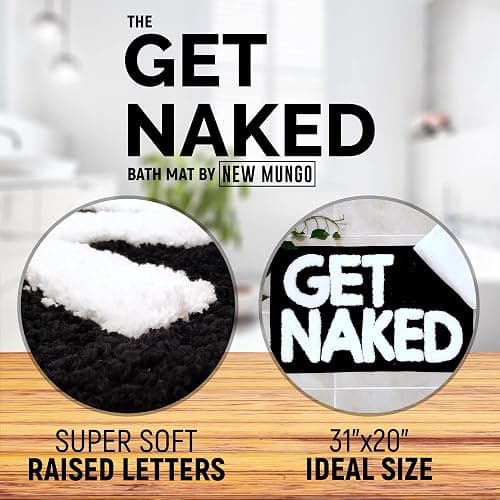 New Mungo Get Naked Bath Mat - Black Cute Bathroom Rugs with White Letters for Apartment Decor - Funny Black - Get Naked Rug for Bathroom - 31" x 20" thumbnail 3