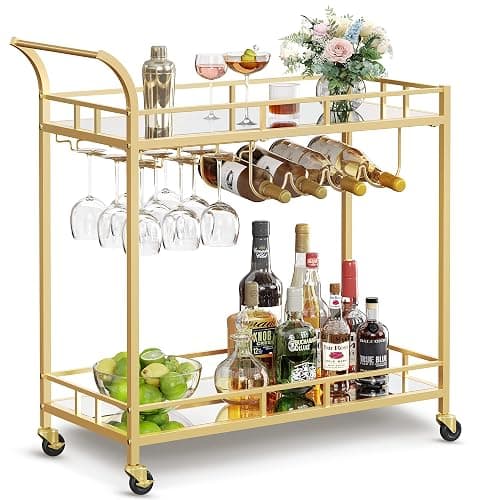 VASAGLE Bar Cart Gold, Home Bar Serving Cart, Wine Cart with 2 Mirrored Shelves, Wine Holders, Glass Holders, for Kitchen, Dining Room, Gold ULRC090A03 - Image 1