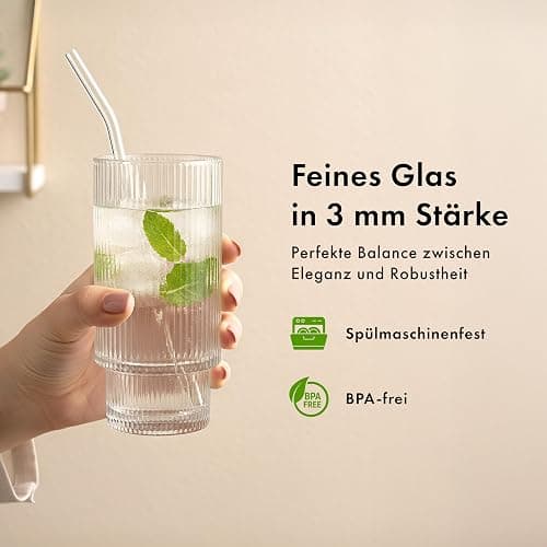 EDELHAUS Gläser Set 4-teilig mit Strohhalm (300ml) - Geriffelte Cocktailgläser, Riffle, Ripple Aesthetic, Gin, Trinkgläser Set, Longdrinkgläser, Matcha Gläser thumbnail 6