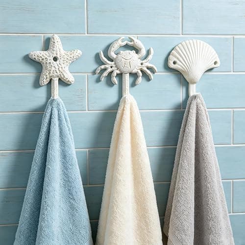Cast Iron Wall Hooks Set of 3, Coastal Beach Towel Hooks for Bathroom | Durable cast iron wall hooks with coastal design for hanging towels, coats, and hats, adding seaside style to your home. thumbnail 2