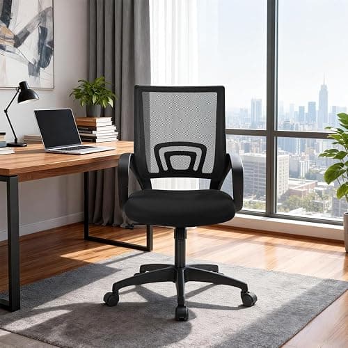 BestOffice | Ergonomic Office Chair | Mid-Back Swivel Desk Chair | Breathable Backrest & Lumbar Support | Adjustable Height | Sponge Seat | Rolling Wheels | Dark Black | for Adults & Women thumbnail 2