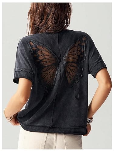 Milumia Women's Butterfly Cut Out Back T-Shirt Short Sleeve Washed Tee | Crew Neck, Vintage, Loose Fit, Contrast Mesh, Solid, Casual Going Out, Summer, Streetwear Tops thumbnail 6