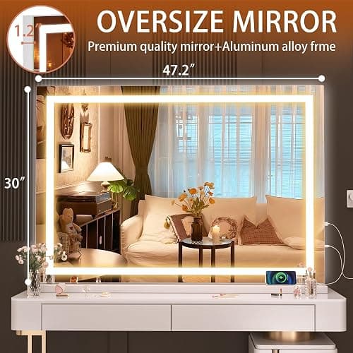 Hasipu Vanity Mirror with Lights, 47" x 30" LED Makeup Mirror, Lighted Makeup Mirror with Dimmable 3 Modes, Touch Screen Control Vanity Mirror Square White thumbnail 2