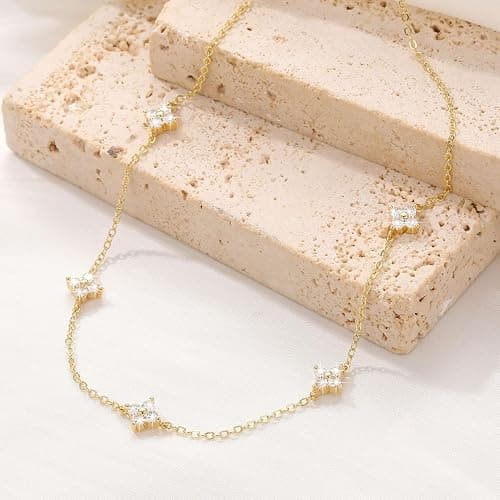 Aidenn Dainty Gold Silver Necklace for Women Girls Trendy Non Tarnish 14K Gold Plated Cubic Zirconia Necklaces Cute Flower Choker Necklace Stack for Wedding Prom Brides Jewellery thumbnail 5