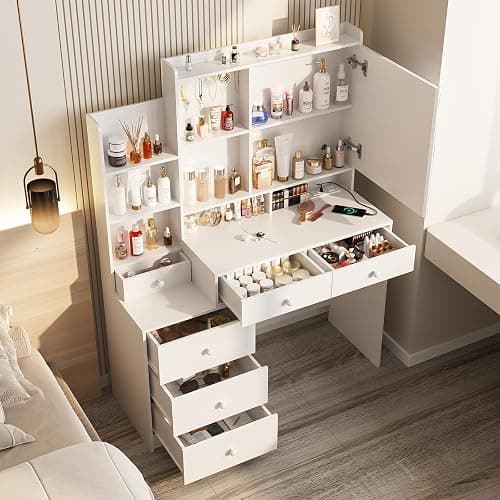 Vabches Vanity Desk with Mirror and Lights, Makeup Vanity with 6 Drawers and Shelves, Dressing Table with Power Outlet, Makeup Desk with Led Lighted Mirror in 3 Colors, for Bedroom, White thumbnail 3