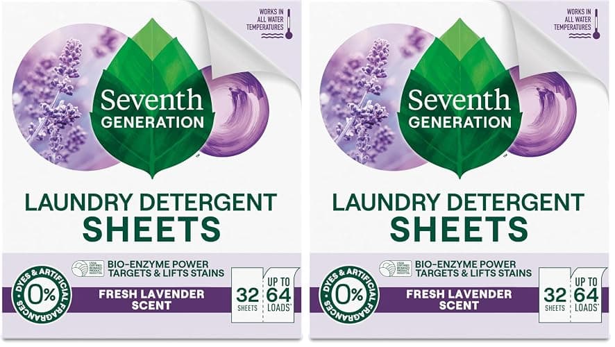 Seventh Generation Laundry Detergent Sheets, Up to 64 Loads, Fresh Lavender Scent, Removes Tough Stains, 0% Dyes and Artificial Fragrances, Safer for your family, (Pack of 2) - Image 1