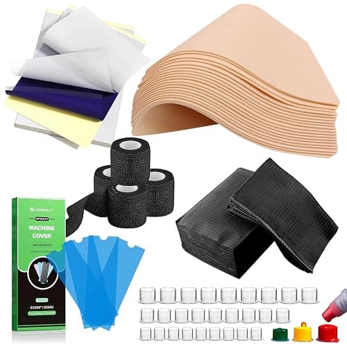 Professional Tattoo Practice Kit for Beginners, 614Pcs Realistic Training Set with 10 Fake Skin, 50 Transfer Paper, 200 Machine Covers,4 Grip Tape,50 Dental Bibs & 300 Ink Caps Tattoo Supplies - Image 1