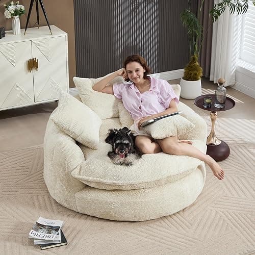 Gfovixo 55 inch Oversized Round Chair, Fluffy Chenille Boneless Sofa with Extra Deep Seat for Living Room Lounge (Beige) - Image 1