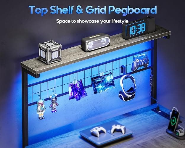 MOTPK L Shaped Gaming Desk with Shelf & 4 Drawers, 43" Reversible Computer Desk with LED Light, Home Office Table with Hutch and Hook, Oak Grey thumbnail 4