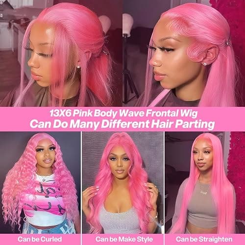 GHYK Pink 13x6 Lace Front Wigs Human Hair 200 Density HD Wear and Go Glueless Body Wave Lace Front Wigs Human Hair Pre Plucked Pre Cut Frontal Body Wave Wig for Women 30 Inch thumbnail 4